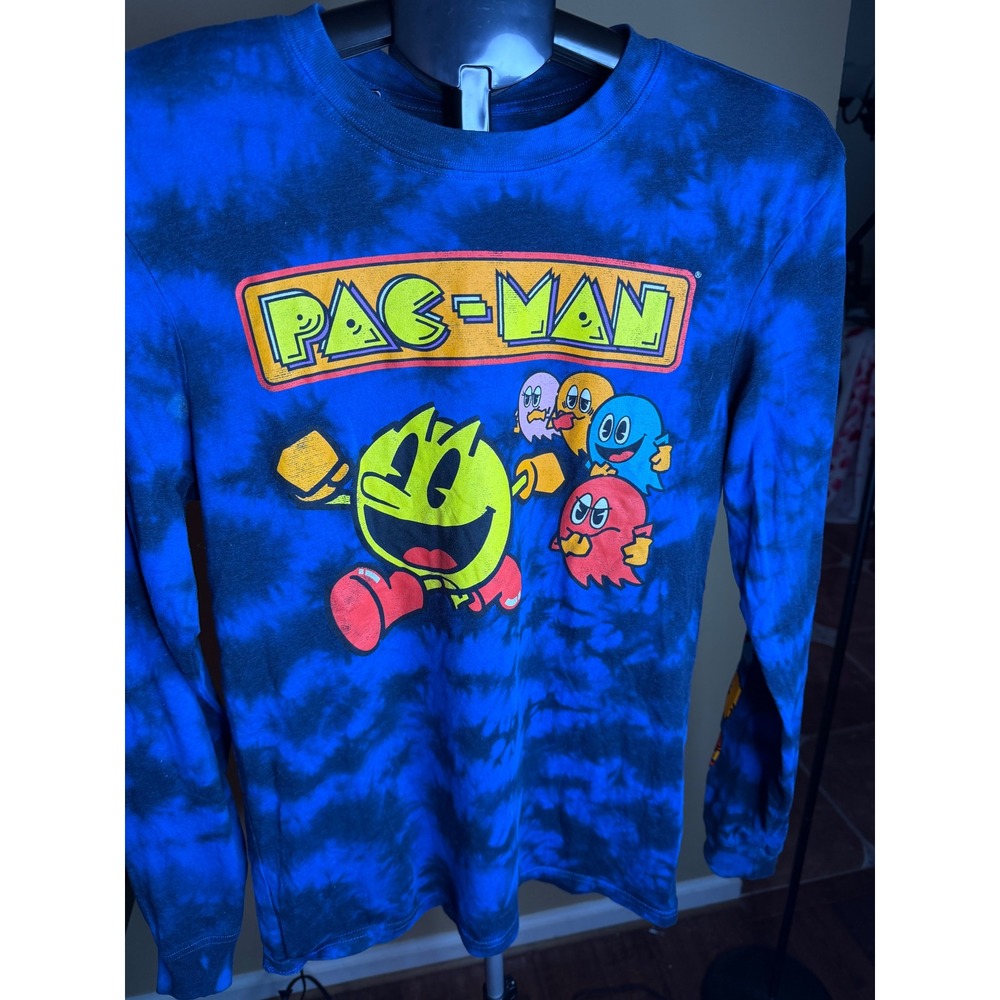 Pac-Man Blue Tie Dye Long Sleeve Graphic T-Shirt Fifth Sun Small Retro Gamer Tee
